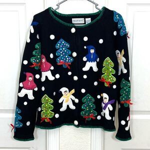 Vintage BellePointe Christmas Sweater Embroidered Kids Christmas Trees Black L